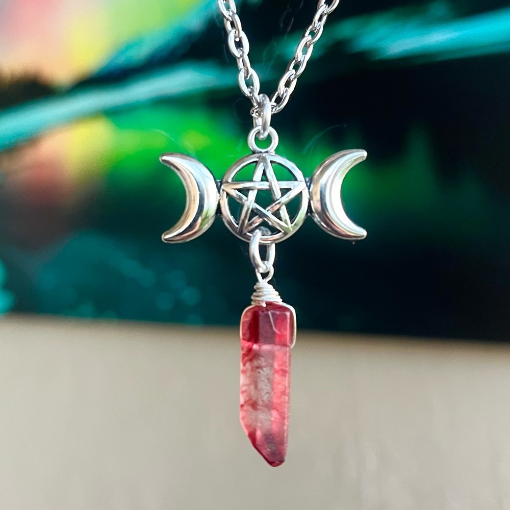 Moon phase Tripple moon pentagram + red aura blood crystal quartz necklace